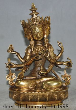 Tibet Buddhism Bronze Gilt 3 Head 8 Arms Namgyalma Ushnishavijaya Buddha Statue