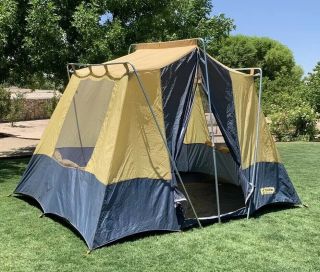 Vintage Camel Cabin Style Tent M6480 10’x8’ Blue Gold Nylon Canvas
