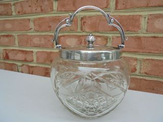 Elegant Antique Vintage English Sterling Silver & Cut Glass Biscuit Jar