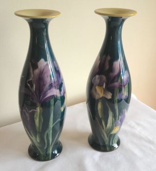 Antique Doulton Lambeth Faience Stoneware Iris Flowers Vases