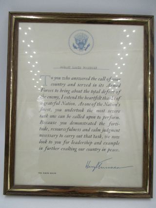 President Harry Truman Signed Thank You Letter For Wwii Armed Forces Service