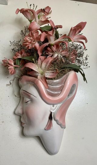 Vintage Pink Flamingo Deco Wall Pocket Planter Lady Head With Flowers