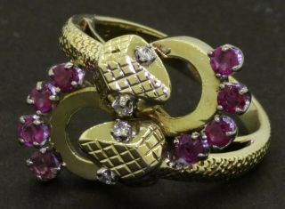 Vintage 18k Yellow Gold.  88ct Diamond & Ruby Snake Cocktail Ring Size 8