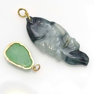 Estate 14K Yellow Gold Carved Green Jade Buddha & Fish Pendant Set 11.  7 Grams 2