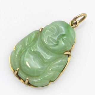 Estate 14K Yellow Gold Carved Green Jade Buddha & Fish Pendant Set 11.  7 Grams 3