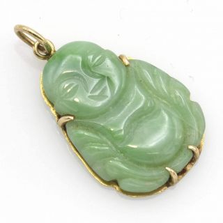 Estate 14K Yellow Gold Carved Green Jade Buddha & Fish Pendant Set 11.  7 Grams 4