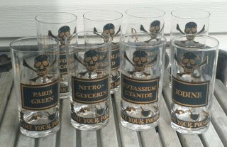 Set Of 8 Vtg Glasses Name Your Poison Highball Georges Briard Skull Mcm Rx