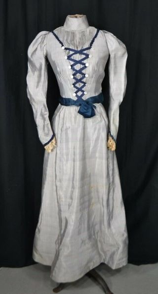 Dress Victorian 2 Piece Small Blue Silk Bustle Antique 1880 Vg