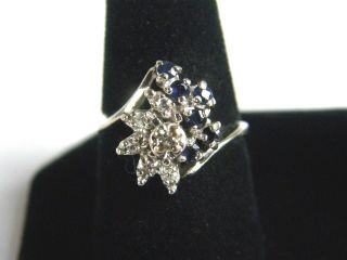 Vintage 14k White Gold Diamond Blue Sapphire Cluster Ring