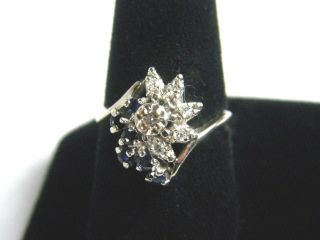 Vintage 14K White Gold Diamond Blue Sapphire Cluster Ring 2