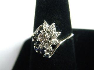 Vintage 14K White Gold Diamond Blue Sapphire Cluster Ring 4