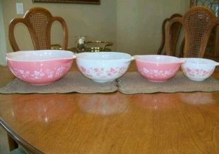 PYREX Vtg Pink Gooseberry Cinderella Mixing Bowls 441 442 443 444 Complete Set - 4 5