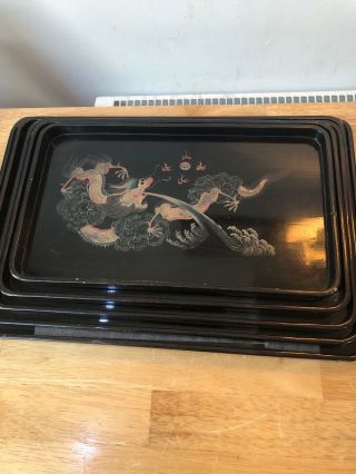 Vintage Chinese Lacquered Trays Graduated Set Of 5 Dragon Chasing Flaming Pearl