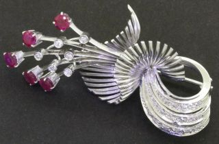 Vintage Heavy 18k White Gold 1.  19ctw Vs/g Diamond & Ruby Floral Brooch