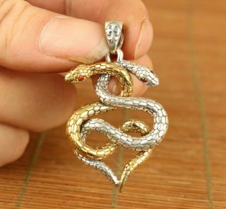Fine Old 925 Silver Hand Carved Snake Statue Pendant Necklace Decoration