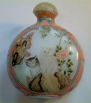 OLD ORIENTAL SNUFF/ SCENT BOTTLE PERFECT,  PAINTED CATS DECORATION,  NO CHIPS,  TOP 2
