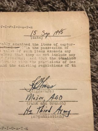 WW2 U.  S.  ARMY SOLDIER CAPTURED ENEMY MILITARY EQUIPMENT CERTIFICATE Sept 15 1945 2