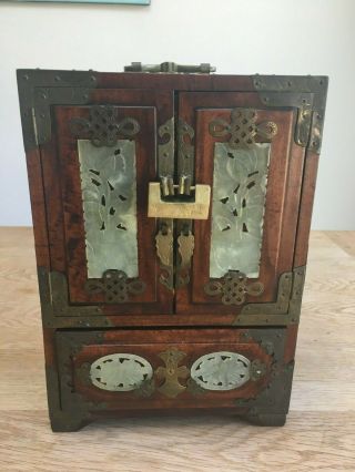 Vintage Chinese Jewellery Cabinet,  Wood With Jade Panels And Brass Fittings,  Ori