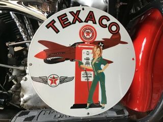 Vintage Porcelain Texico Aviation Gas Sign Pin Up Girl P - 40 Fighter Plane Ww2