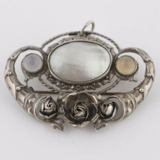 Vtg Arts & Crafts 800 Silver Natural Chalcedony Pearl Signed Brooch Pin Pendant