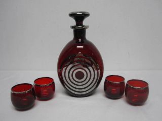 Vintage Ruby Glass Pinch Decanter & Glasses W Art Deco Silver Circles Overlay