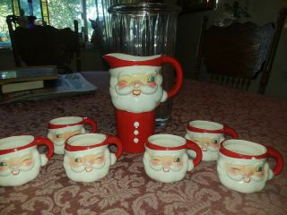 Vintage 1960 Holt Howard Winking Santa Pitcher & 6 Mugs Ceramic Christmas