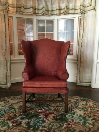 Antique Dollhouse Miniature Leather Wing Chair By Artisan Eric Pearson