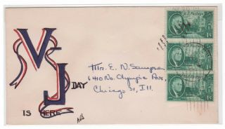 9/2/1945 Hand Drawn & Colored Barbara Sampson " Ribbon Around V J Day Is Here "