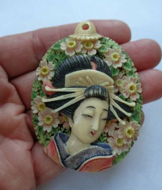 Old Colorful Asian Japanese Geisha Girl Big Oval Pendant Signed