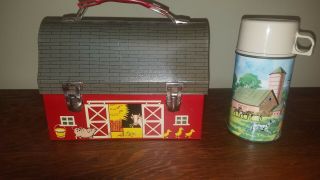 Vintage Thermos Metal Red Barn Lunchbox With Thermos