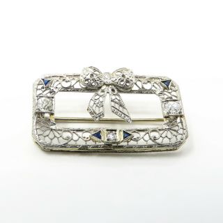Nyjewel Estate Art Deco Filigree 14k White Gold Diamond Sapphire Pin Brooch