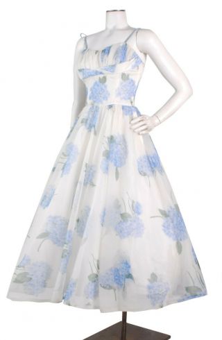 Vtg 50s White Chiffon Party Dress W/blue Hydrangea Floral Print & Shelf Bust Xs