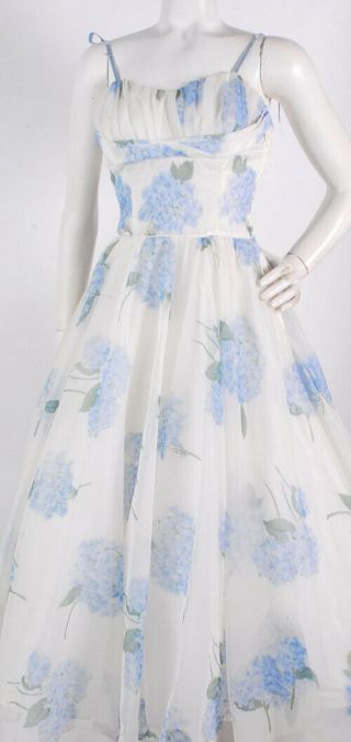 VTG 50s White Chiffon Party Dress w/Blue Hydrangea Floral Print & Shelf Bust XS 2