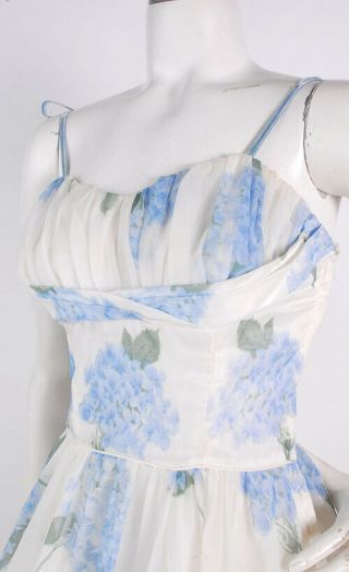 VTG 50s White Chiffon Party Dress w/Blue Hydrangea Floral Print & Shelf Bust XS 3
