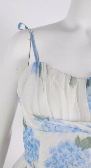 VTG 50s White Chiffon Party Dress w/Blue Hydrangea Floral Print & Shelf Bust XS 4