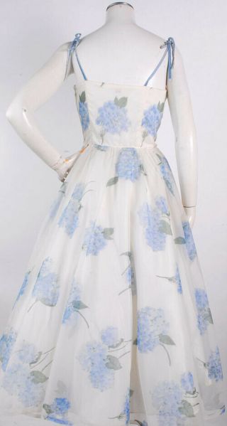VTG 50s White Chiffon Party Dress w/Blue Hydrangea Floral Print & Shelf Bust XS 7