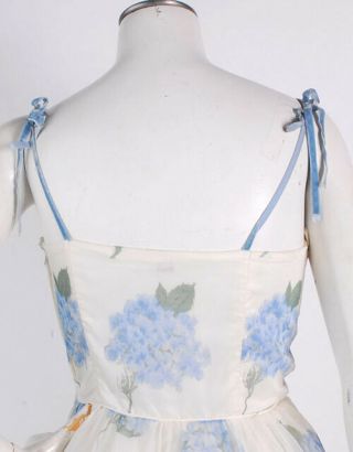 VTG 50s White Chiffon Party Dress w/Blue Hydrangea Floral Print & Shelf Bust XS 8