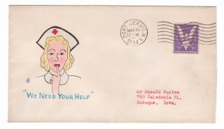 Unlisted 1944 Clendennen Hand Painted " Red Cross Nurse " Ww Ii Patriotic Cover