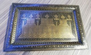 Antique Rare Arabic Islamic Qajar Brass Inlaid Rectangle Tray. 3