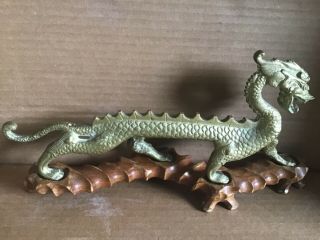 Antique / Vintage Brass Chinese Dragon On Wood Base 34 Cm Long