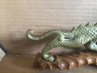 Antique / vintage brass Chinese dragon on wood base 34 cm long 4