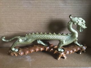 Antique / vintage brass Chinese dragon on wood base 34 cm long 5