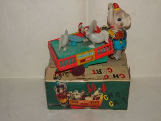Red China Elephant Chick Cart Vintage Tin Toy Mib