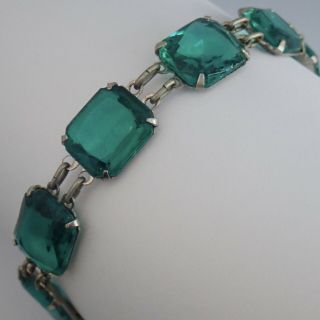 Vintage Art Deco Rhodium Plate Open Back Set Emerald Green Rhinestone Bracelet