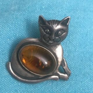 Vintage Jelly Belly Amber And Sterling Silver Modern Cat Brooch Pin Approx 1 In