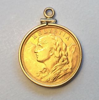 Vintage 1912 Swiss 22k Yellow Gold Helvetia 20 Franc Coin Pendant 14 Kgold Bezel