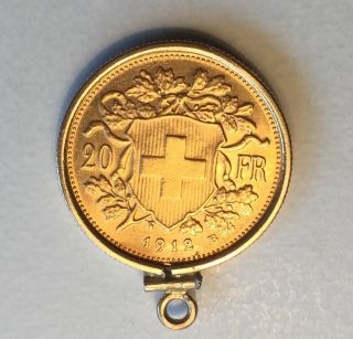 Vintage 1912 Swiss 22K Yellow Gold Helvetia 20 Franc Coin Pendant 14 kGold Bezel 2