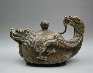 Vintage Chinese Brass Dragon Turtle Teapot W Kangxi Mark