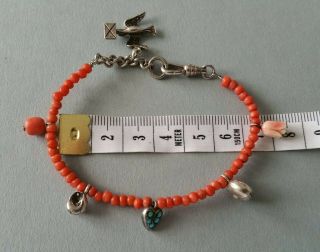 Antique Victorian Sterling & Steel,  Natural Coral,  Turquoise,  Charm Bracelet.
