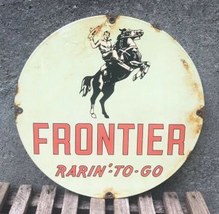 Vintage Frontier Gasoline Porcelain Sign,  Pump Plate,  Motor Oil,  Gas Station